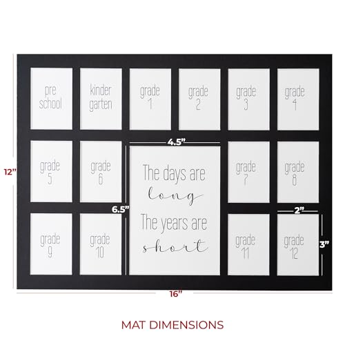 Image of Rustic Red Door Co. 12x16 School Days Picture Frame with Multiple Openings - School Years Photo Collage - The Days Are Long - 1 Pre-School & Kindergarten to 12th Grade (15 Photos, 1PreK-12th, Black)
