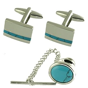 Geschenkset bijpassende manchetknopen blauw turquoise steen ovaal stropdas Tac