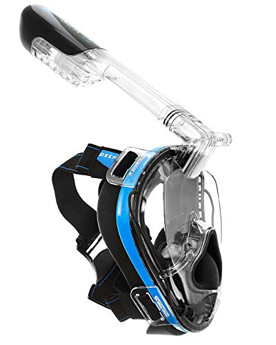 Deep Sea O2 | Only Full Face Snorkel Mask Designed to Protect Against Dangerous CO2 Build-Up for Adults & Kids | 180 View | Soft Nose for Diving | Anti-Fog | Camera Mount | Blue