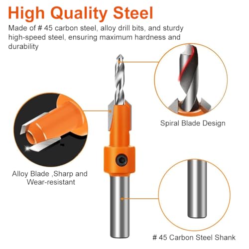 Image of Serplex 10Pcs Wood Countersink Drill Bit Set, with 5Pcs Extra Pilot Drill Bit, 5 /16 inch Round Shank, Hex Key Wrench, Counter Sinker for Woodworking, 5 Sizes 2.8X10, 3.0X10, 3.2X10, 3.5X10, 4.0X10