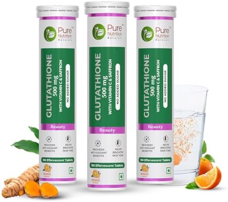 Pure Nutrition L-Glutathione 500mg 45 Effervescent Tablets (15x3) for Men & Women | With Vitamin C & Saffron | Anti-Aging Antioxidants for Glowing & Clear Skin | Supports Skin Brightening, Detox & Immunity | Orange Flavour