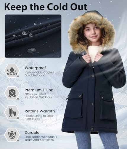 Girl's Fleece Quilted Jacket Warm Water-repellent Hood Coat Zipper Thicken Outerwear with Pockets (6-12Y)2