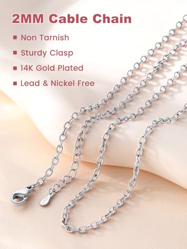 FOCALOOK Womens Chain Necklaces 2MM Cable Necklace, 316L Stainless Steel Silver/Black/14K Gold/Rose Gold Plated, Hypoallergenic Chains for Pendant,14-30"2
