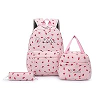 Personalized Children Backpack Set with Embroidered Name, 20L Strawberry Corduroy Backpack Set for Girls, 3-in-1 School Bag with Lunch Box & Pencil Case for Primary & Secondary Students (Pink)