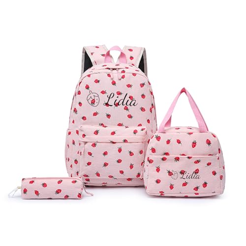 Genérico Set de Mochila Escolar Personalizada para Niñas con Nombre Bordado, Mochila 20 L en Pana Fresa, Juego de 3 Piezas (Mochila + Lonchera + Estuche) para Primaria y Secundaria (Rosa)