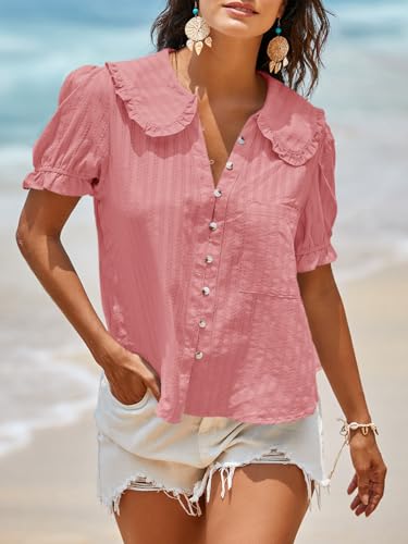 Image of Tankaneo Womens Puff Sleeve Shirts Peter Pan Collar Button Down Cotton Blouse Casual Summer Textured Tops