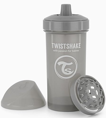 TWISTSHAKE Kid Cup Vaso de Aprendizaje para Beber con Antiderrame Boquilla y Mezclador de Frutas 360 ml, Taza de Entrenamiento para Sorber para Bebé, Sin BPA, 12+ Meses, Gris Pastel