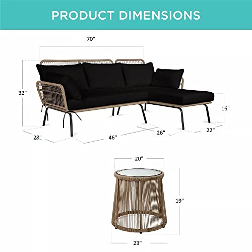 Image of DEVOKO 3 Piece Outdoor Comfortable L-Shaped Sectional Rope Conversation Lounge Sofa Set with Glass Top Table for Balcony, Patio, Garden, Pool (Beige & Black)