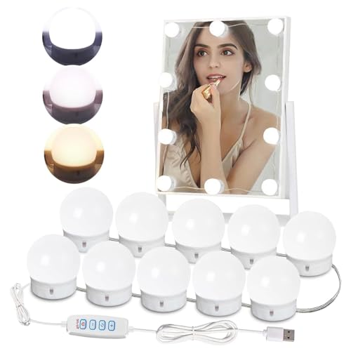 Mirror Lights, Hollywood Makeup Mirror Light with USB Power Cord, 3-Color Dressing Table Lights, Bath Mirror Lamps 10 Level Adjustable (Type A-10 Bulbs)