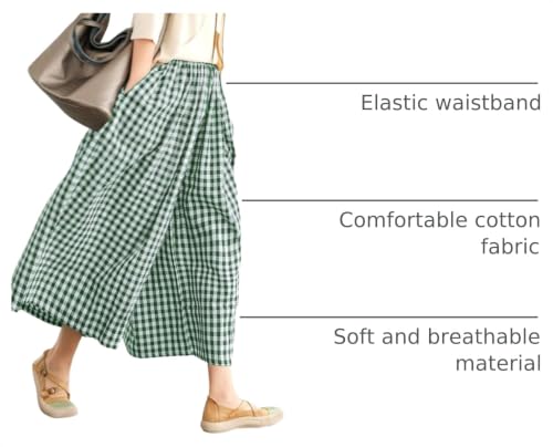 Image of LOMON Womens Wide Leg Capri Pants Gingham Plaid Culottes Summer Elastic Waist Palazzo Trousers Bottoms with Pockets