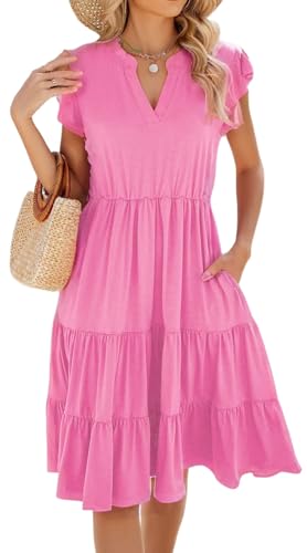Image of Womens Summer Dress Ruffle Sleeve V Neck Midi Dresses Casual Fit Flowy Tiered Boho Beach Vacation Sundress