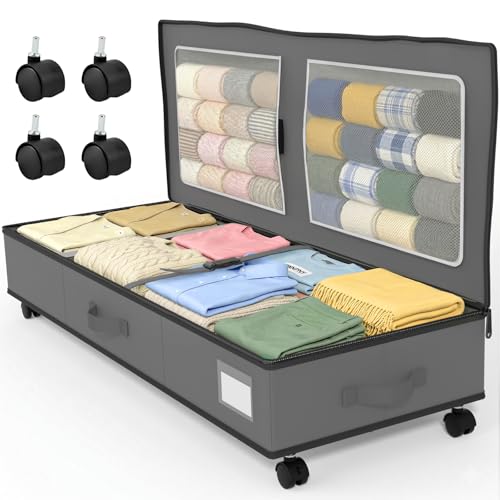 Image of GoMaihe Under Bed Storage with Wheels: 70L Rolling Bins for Wrapping Paper Storage, Toys, Clothes - Includes Mesh Bag & Adjustable Dividers, Metal Frame Easy Pull-out Grey 1-Pack