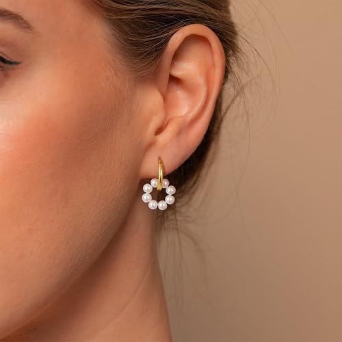 Pearl Earrings for Women - Dainty Gold Earrings Trendy 14K Gold Plated Freshwater Pearl Dangle Hoop Stud Earrings for Women Wedding Jewelry Gift for Women