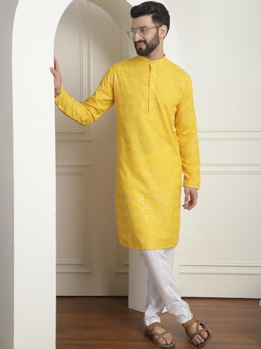 Sojanya (Since 1958 Men's Cotton Foil Printed Mustard Kurta With Churidaar Pyjama