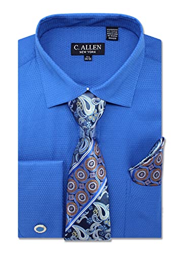 C. Allen Men's Solid Micro Pattern Regular Fit Dress Shirts with Tie Hanky Cufflinks French Cuffs Combo