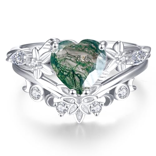 Heart Gemstone Rings 925 Sterling Silver Wedding Rings Moss Agate/Opal/Cubic Zirconia Promise Rings For women Size 5-9