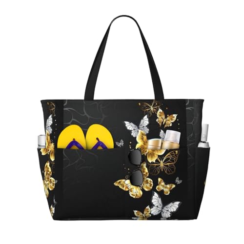 Sac de voyage polyvalent et grand cabas d'été noir à imprimé papillons dorés