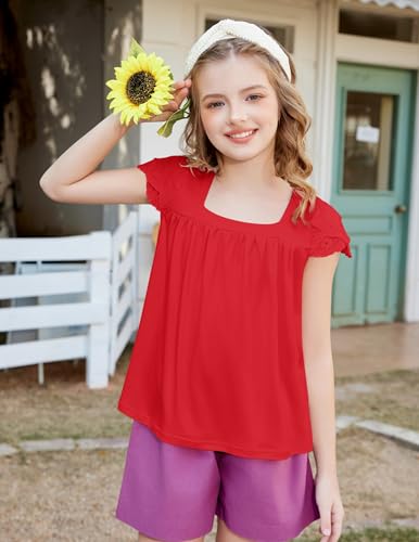 Arshiner Girls Shirts Short Sleeve Square Neck Summer Lace Openwork Pleated Tops Blouse Tunic3