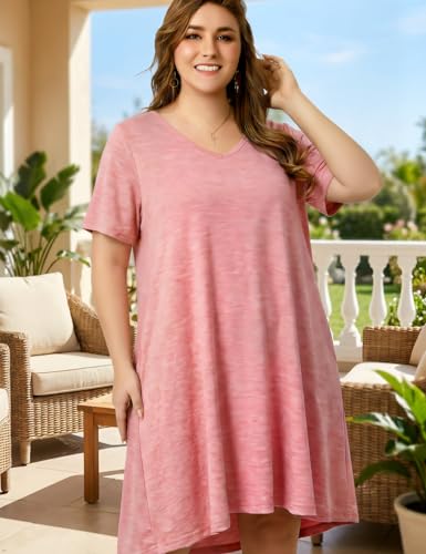 Image of OVERWORETY Womens Short Sleeve Plus Size T-Shirt Dress V Neck Casual Loose Swing A-Line Summer Tunic Dresses with Pockets