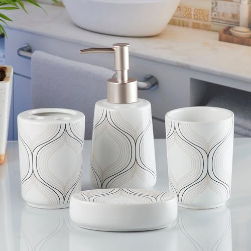 Image of Kookee Ceramic Bathroom Set - Stylish 4 Piece Bath Accessories Kit with Soap Dispenser, Toothbrush Holder, Tumbler & Soap Dish - Modern & Designer Decor for Home & Guest Bathrooms, White /Black (10167)