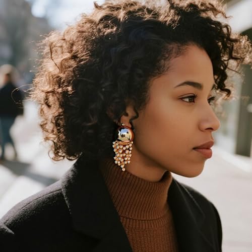 Statement Gold Ball Earrings for Women Stainless Steel Posts Gold Chunky Earrings for Women Super Big 2.7” x 1.3”3