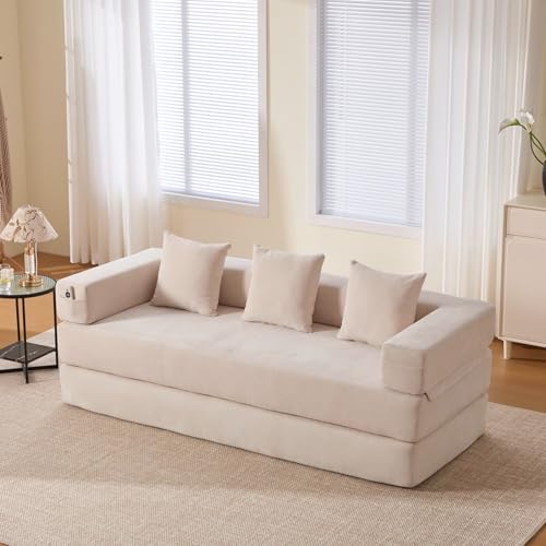 EURHCIO Canapé 2 Places en Chenille,Canapé Lit Convertible Multifonctionnel Moderne,Poches Latérales et 3 Coussins,DIY Libre,pour Salon,Chambre,Bureau (Beige-S)