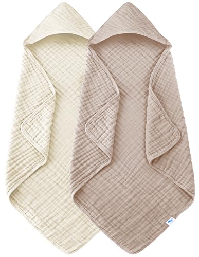 Image of SWEET DOLPHIN Muslin Hooded Baby Bath Towels - 2 Pack 100% Cotton Towel for Babies, Infants, Toddlers - 32x32Inch - Highly Absorbent and Newborn Essential, Ivory and Brown