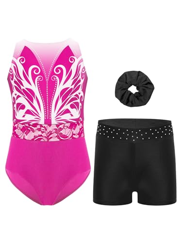 Freebily Maillot Gimnasia Ritmica Niña Leotard con Lentejuelas Sin Mangas con Pantalones Y Lazos De Pelo Mono para Patinaje Artístico Rosa y Negro A 5-6 años