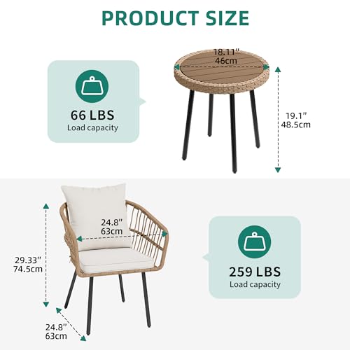 YITAHOME 3 Pieces Outdoor Wicker Patio Conversation Bistro Set, All-Weather Rattan Patio Furniture Set with Table & Cushions, Outdoor Sectional Sofa for Patio, Balcony, Backyard, Deck