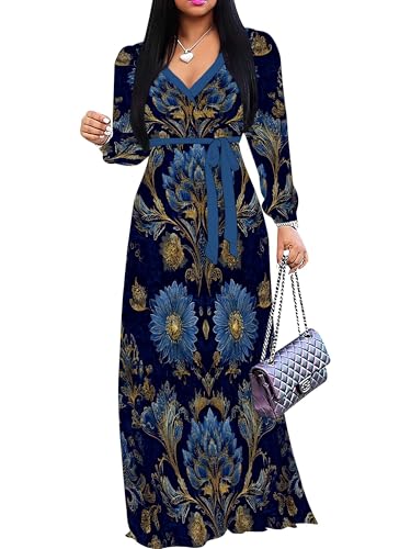Image of SUZONANA Plus Size Dresses for Women Floral Print Maxi Dress Flowy 3 /4 Sleeve with Belt