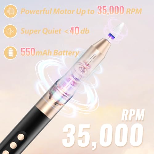 Denabuty Cordless Electric Nail Drill File: 35000RPM Professional Nail Drill Machine with UV LED Nail Lamp Charging Base, Manicure Pedicure Kit E File for Acrylic Gel Dip Powder Polish Black — view 3