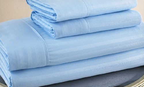 Ruthy's Textile 300 Thread Count 100% Cotton Sateen Dobby Stripe Bed Sheets Set (Queen, Light Blue)