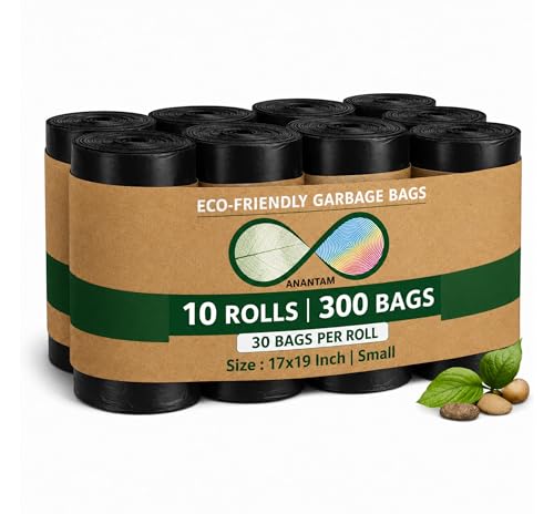 Image of Small Black Garbage Bags 17x19 Inch Trash Bags for Dry & Wet Waste, 300 Bags (10 Roll)