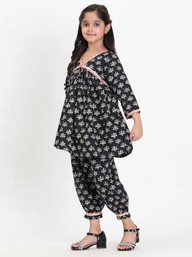 Image of Maaesa Girls' Light Pink & White Striped Cotton Alia Kurta and Afghani Pants Set | Sleeves | V-Neck with Metallic Trim | Lightweight & Breathable | Festive & Casual Wear