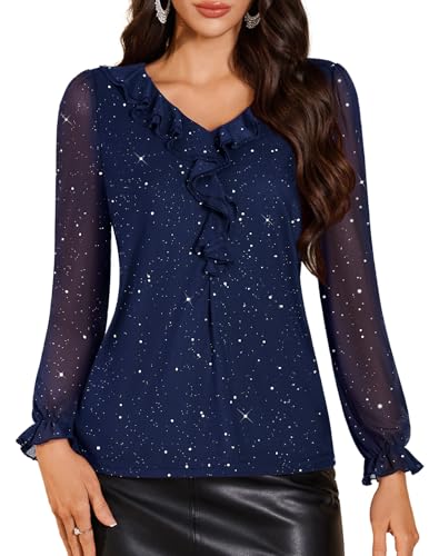DRESSTELLS Women's Sequin Tops Ruffle V Neck Long Sleeve Double Layers Mesh Sparkly Blouses for Party