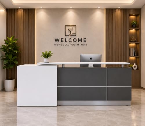 Image of Modern Reception Desk for Office, Salon & Clinic | Front Reception Counter Table with Storage | White & Grey Particle Board Reception Desk - (RCT-033 LPB L5W2)