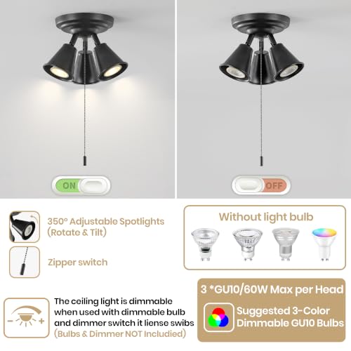 Image of 3‑Head Adjustable Ceiling Spot Light with Pull Chain, Matte Black Semi‑Flush Mount Ceiling Light Fixture, Multi‑Directional Rotatable Spotlight E26 for Hallway Kitchen Bedroom