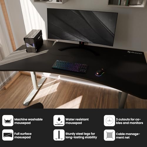 Image of Arozzi Arena Ultrawide Curved Gaming and Office Desk with Full Surface Water Resistant Desk Mat with 3 Custom Monitor Mount Cut Outs and Under The Desk Cable Management Netting - Frozen Grey
