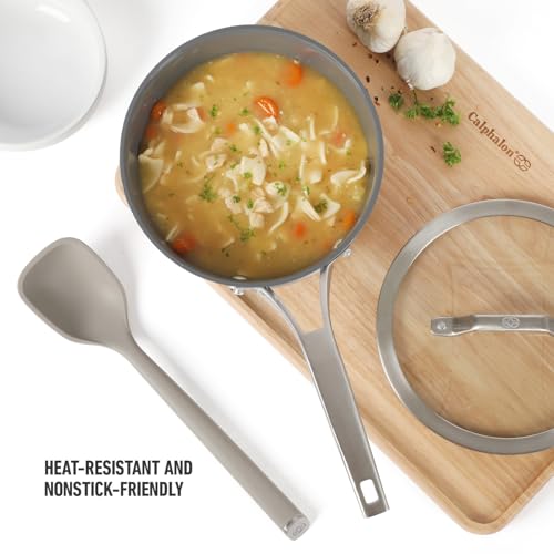 Image of Calphalon Edge Silicone Spoon, Silicone Cooking Spoon with Reinforced Core, Flexible Heat-Resistant Nonstick-Safe Kitchen Spoon for Stirring, Mixing & Serving, Taupe