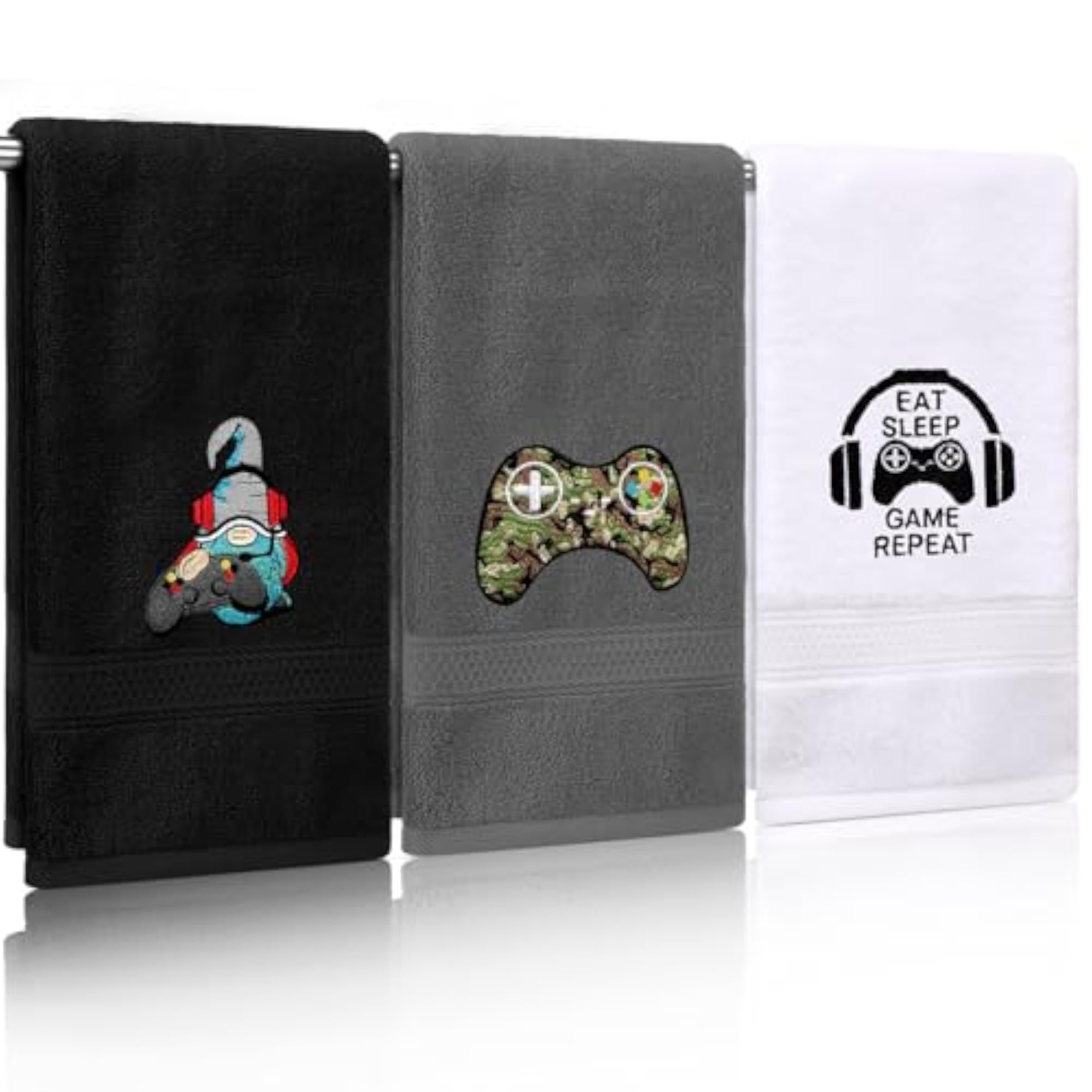 Gaming Hand Towels Set of 3, Embroidered Video Game Gnome