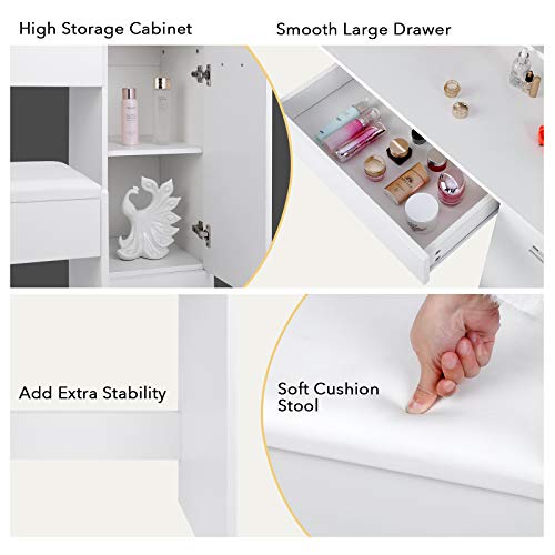amzdeal Makeup Vanity Table Set with Lights, Vanity Desk with 3 Color Lighting Modes, Adjustable Brightness, 1 Large Drawer & 1 Storage Cabinet, Dressing Table for Girls Women, White - Thumbnail 3