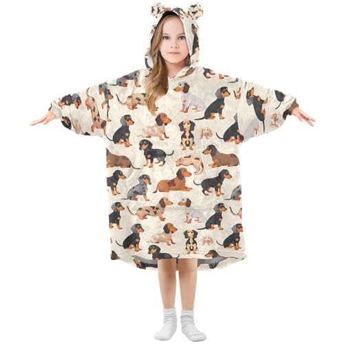 Manta de gran tamaño con capucha para niñas, diseño de amapolas y perros salchicha, manta suave y cálida de forro polar con capucha, Multicolor, 120 Grande