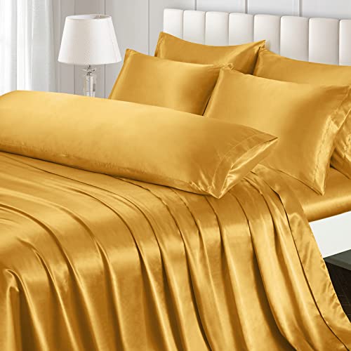 Image of Ersmak 7 Pieces Satin Sheets Set King Size, Luxury Silky Gold Satin Bed Sheets Set with 1 Deep Pocket Fitted Sheet, 1 Soft Flat Sheet, 4 King Pillowcases and 1 Body Pillowcase