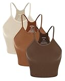 ODODOS Women's Crop Camisole 3-Pack Washed Seamless Rib-Knit Crop Tank Tops, Long Crop, Brunette+Clay+Mushroom, Medium/Large
