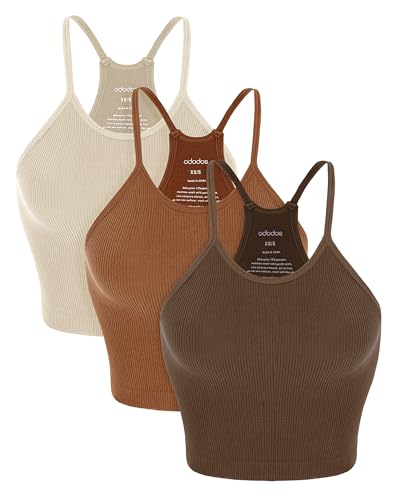 ODODOS Women's Crop Camisole 3-Pack Seamless Rib-Knit Crop Tank Tops, Long Crop, Brunette+Clay+Mushroom, Medium/Large