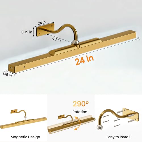 Image of 2 Pack 24 Inch Wall Lights for Pictures - Cordless Rechargeable Wall Sconces with Dimmable Remote for Above Mirror, Painting & Decor (Antque Gold)
