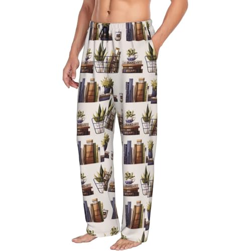 Cute Books Plants Reading Print Mens Pj Pants,Soft Men Lounge Pants,Mens Pajama Pants Bottoms,Sleep Pants For Men