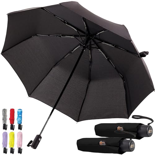 Image of GORILLA GRIP Compact Travel Size Umbrella for Rain, 2 PK, Sleek Design Fits Backpack, Purse and Carry On, Lightweight Under 1lb, One Click Open and Close, Wind Resistant, Durable Waterproof, Black