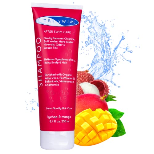 TRISWIM Champú Anticloro para Nadadores | Elimina Los Efectos Negativos Del Cloro y El Agua Dura | Cuidado Del Cabello Hidratante Después De Nadar | Lichi Mango (251ml)