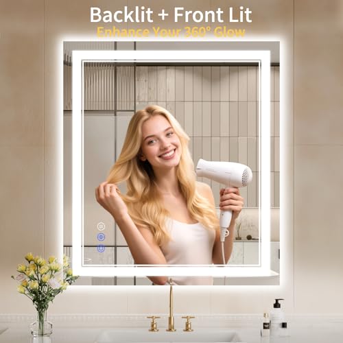 Image of 32 inchx36 inch LED Bathroom Mirror with Lights, Anti-Fog, Backlit + Front Lit, Dimmable, Lighted Bathroom Mirror, 3 Colors, Shatter-Proof Tempered Glass